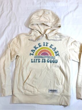 Life Is Good Cream Hoodie with Blue Graphic Women’s XS